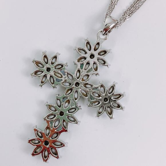 Vintage Large Silver Tone Floral Rhinestone Cross Pendant Necklace Blue Green - Picture 8 of 11
